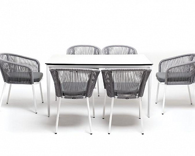 Обеденная группа Малага 4SIS на 6 персон со стульями "Марсель", каркас белый, роуп светло-серый