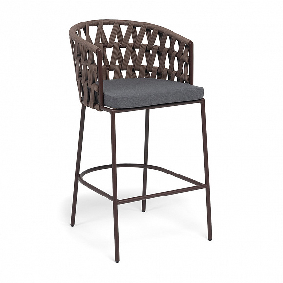 Диего стул барный плетеный из роупа, каркас из стали коричневый (RAL8016) муар, роуп коричневый круглый, ткань темно-серая 027 фото 2