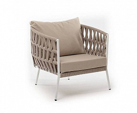 Кресло Диего 4SIS плетеное из роупа, каркас алюминий белый муар, роуп бежевый круглый, ткань бежевая 52