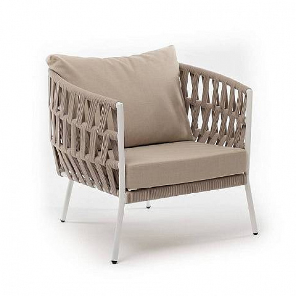 Кресло Диего 4SIS плетеное из роупа, каркас алюминий белый муар, роуп бежевый круглый, ткань бежевая 52 фото 2