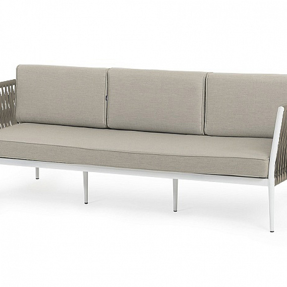 Касабланка диван 3-местный плетеный из роупа, каркас алюминий светло-серый (RAL7035) муар, роуп серо-коричневый 23мм, ткань бежевая 15052 фото 1