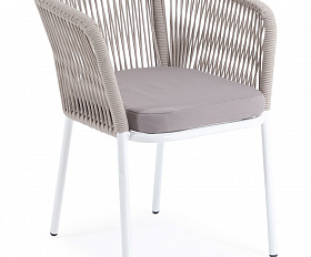 Марсель стул плетеный из роупа, каркас алюминий белый муар, роуп бежевый круглый, ткань бежевая 15052