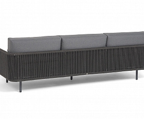 Джелло диван 3-местный плетеный из роупа, каркас алюминий темно-серый (RAL7024) муар, роуп темно-серый круглый, ткань темно-серая 027