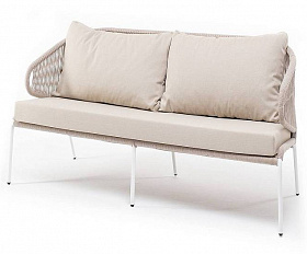 Диван Милан 4SIS 2-местный плетеный из роупа, каркас алюминий белый муар, роуп бежевый круглый, ткань бежевая 35