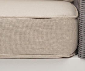 Канны диван 3-местный плетеный из роупа, каркас алюминий белый муар, роуп светло-серый круглый, ткань бежевая 15052