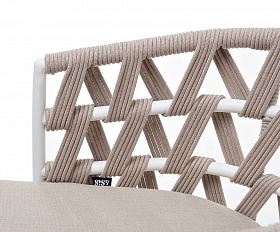 Диего стул плетеный из роупа, каркас из стали белый муар, роуп бежевый круглый, ткань бежевая 15052