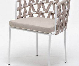 Стул Диего 4SIS плетеный из роупа, каркас из стали белый муар, роуп бежевый круглый, ткань бежевая 52