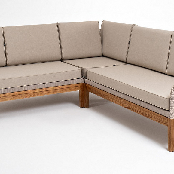 Канны диван модульный плетеный из роупа, основание дуб, роуп бежевый круглый, ткань бежевая 15052 фото 1