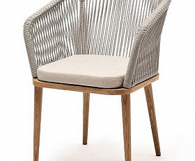 Стул Марсель 4SIS плетеный из роупа, основание дуб, роуп серый меланж круглый, ткань бежевая 52