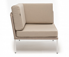 Канны угловой модуль плетеный из роупа, каркас алюминий белый муар, роуп бежевый круглый, ткань бежевая 15052