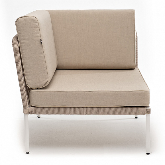 Канны угловой модуль плетеный из роупа, каркас алюминий белый муар, роуп бежевый круглый, ткань бежевая 15052 фото 2