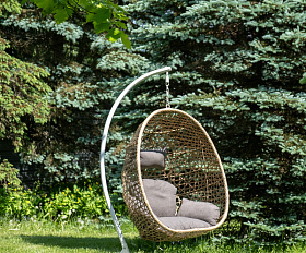 Флоренция подвесное кресло-кокон из искусственного ротанга, цвет соломенный с серой подушкой