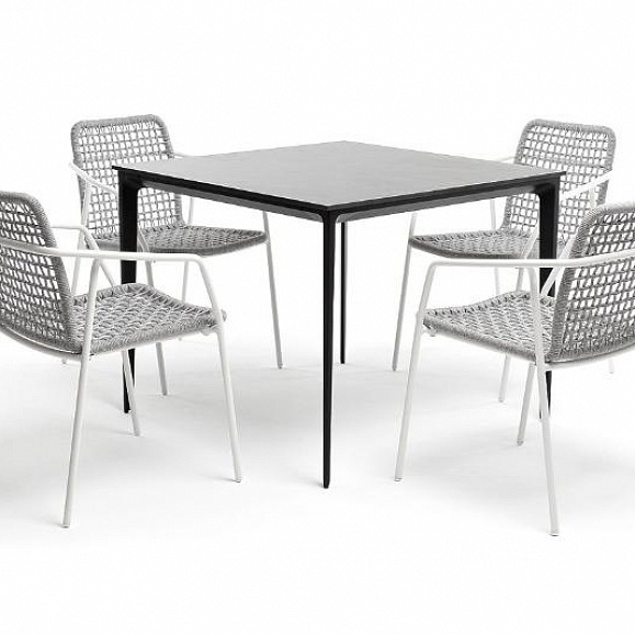 Обеденная группа Малага 4SIS на 4 персоны со стульями "Тунис", каркас белый, роуп светло-серый фото 1