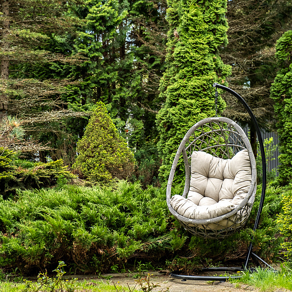 Венеция подвесное кресло-кокон из искусственного ротанга, цвет серый с бежевой подушкой фото 1