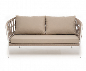 Диего диван 2-местный плетеный из роупа, каркас алюминий белый муар, роуп бежевый круглый, ткань бежевая 052