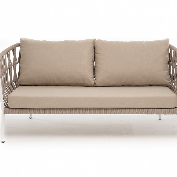 Диего диван 2-местный плетеный из роупа, каркас алюминий белый муар, роуп бежевый круглый, ткань бежевая 052 фото 2