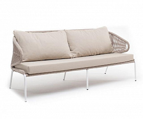 Диван трехместный Милан 4SIS из роупа (веревки), каркас алюминий белый, роуп бежевый круглый, ткань бежевая