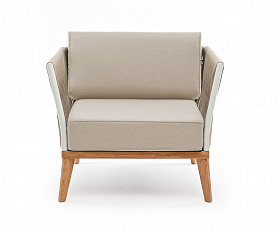 Касабланка кресло плетеное из роупа, основание дуб, каркас алюминий светло-серый (RAL7035) муар, роуп серо-коричневый 23мм, ткань бежевая 15052