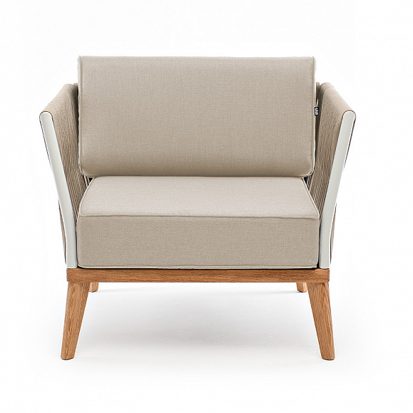 Касабланка кресло плетеное из роупа, основание дуб, каркас алюминий светло-серый (RAL7035) муар, роуп серо-коричневый 23мм, ткань бежевая 15052 фото 2