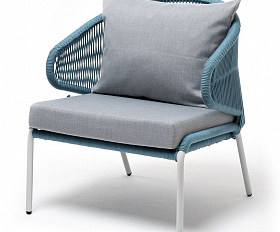 Кресло плетеное Милан 4SIS из роупа, каркас алюминий светло-серый (RAL7035) шагрень, роуп бирюзовый круглый, ткань светло-серая