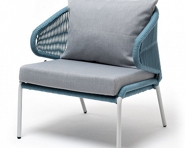 Кресло плетеное Милан 4SIS из роупа, каркас алюминий светло-серый (RAL7035) шагрень, роуп бирюзовый круглый, ткань светло-серая