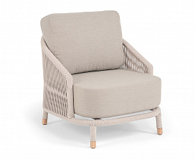 Верона кресло плетеное из роупа, каркас алюминий белый муар, роуп бежевый круглый, ткань бежевая 15052