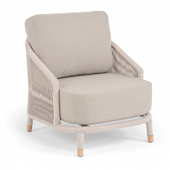 Верона кресло плетеное из роупа, каркас алюминий белый муар, роуп бежевый круглый, ткань бежевая 15052 фото 2