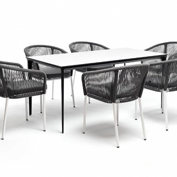 Обеденная группа Малага 4SIS на 6 персон со стульями "Марсель", каркас белый, роуп серый фото 1