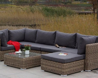 Модуль диванный угловой Лунго 4SIS из искусственного ротанга, цвет соломенный с подушками