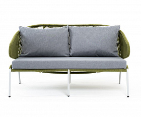 Диван двухместный Милан 4SIS из роупа (веревки), каркас алюминий светло-серый (RAL7035) шагрень, роуп салатовый меланж круглый, ткань светло-серая