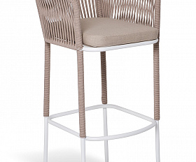 Марсель стул барный плетеный из роупа, каркас из стали белый муар, роуп бежевый круглый, ткань бежевая 15052