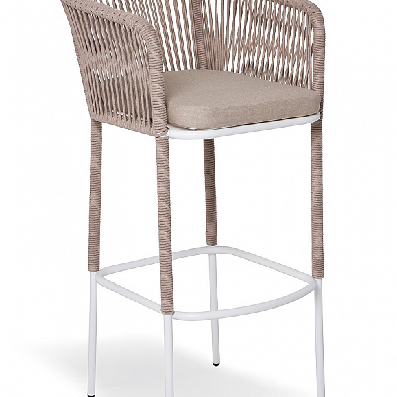 Марсель стул барный плетеный из роупа, каркас из стали белый муар, роуп бежевый круглый, ткань бежевая 15052 фото 3