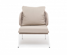 Милан кресло плетеное из роупа, каркас алюминий белый муар, роуп бежевый круглый, ткань бежевая 15052