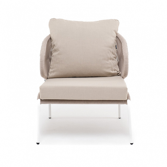 Милан кресло плетеное из роупа, каркас алюминий белый муар, роуп бежевый круглый, ткань бежевая 15052 фото 3