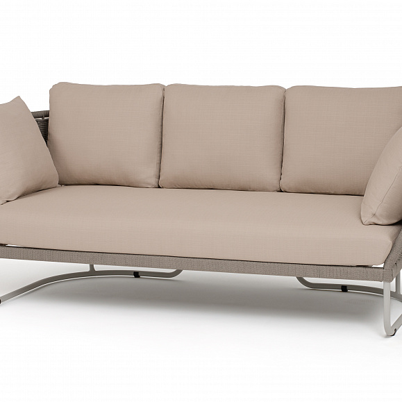 Фиджи диван 3-местный плетеный из роупа, каркас алюминий светло-серый (RAL7035) муар, роуп серый меланж круглый, ткань Mossle бежевая фото 1