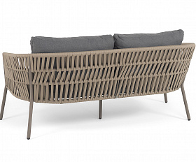 Комо диван 2-местный плетеный из роупа, каркас алюминий бежево-серый (RAL7006) муар, роуп серо-коричневый 23мм, ткань темно-серая 027