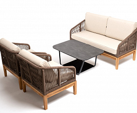 Канны лаунж-зона 4-местная из роупа со столом Гранада (серый гранит), основание дуб, роуп коричневый, ткань бежевая