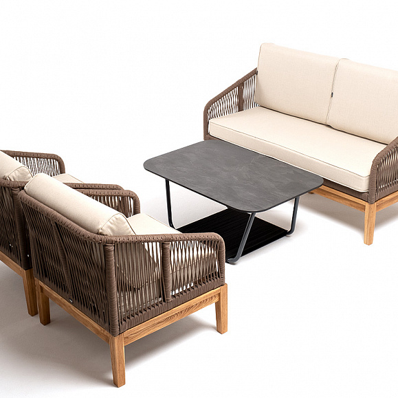 Канны лаунж-зона 4-местная из роупа со столом Гранада (серый гранит), основание дуб, роуп коричневый, ткань бежевая фото 5