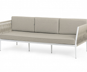 Касабланка диван 3-местный плетеный из роупа, каркас алюминий белый муар, роуп бежевый 20мм, ткань бежевая 15052