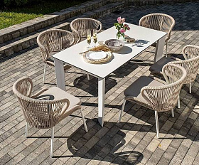 Обеденная Венето 4SIS группа на 6 персон со стульями Милан, каркас белый, роуп бежевый