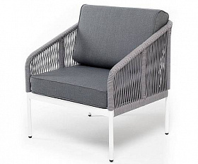 Кресло Канны 4SIS плетеное из роупа, каркас алюминий белый муар, роуп светло-серый круглый, ткань серая 17