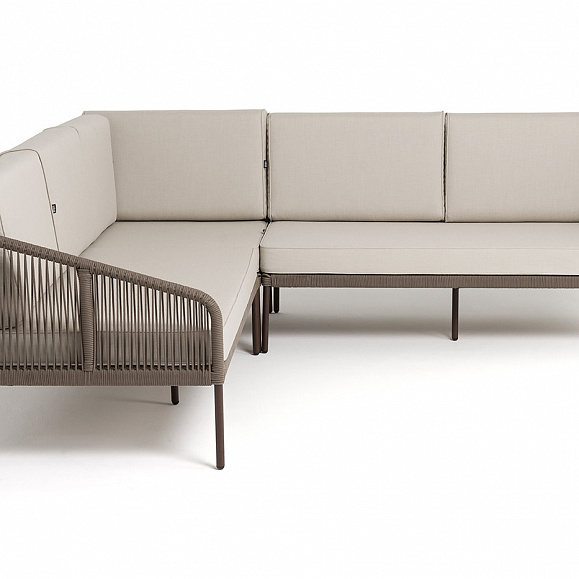 Канны диван модульный плетеный из роупа, каркас алюминий коричневый (RAL8016) муар, роуп коричневый круглый, ткань бежевая 15052 фото 1