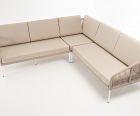 Канны диван модульный плетеный из роупа, каркас алюминий белый, роуп бежевый круглый, ткань бежевая 035