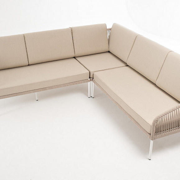 Канны диван модульный плетеный из роупа, каркас алюминий белый, роуп бежевый круглый, ткань бежевая 035 фото 3