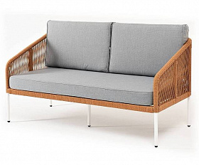 Диван Канны 4SIS 2-местный плетеный из роупа, каркас алюминий светло-серый (RAL7035) муар, роуп оранжевый меланж круглый, ткань светло-серая