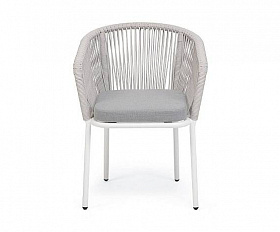 Стул Марсель 4SIS плетеный из роупа, каркас алюминий белый муар, роуп светло-серый меланж круглый tex, ткань светло-серая