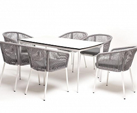 Обеденная группа Малага 4SIS на 6 персон со стульями "Марсель", каркас белый, роуп светло-серый