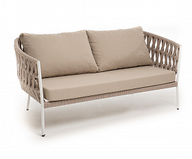 Диего диван 2-местный плетеный из роупа, каркас алюминий белый муар, роуп бежевый круглый, ткань бежевая 052