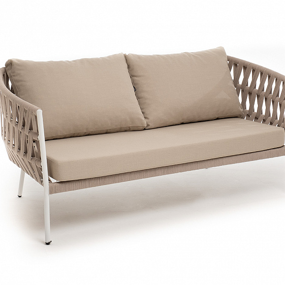 Диего диван 2-местный плетеный из роупа, каркас алюминий белый муар, роуп бежевый круглый, ткань бежевая 052 фото 3