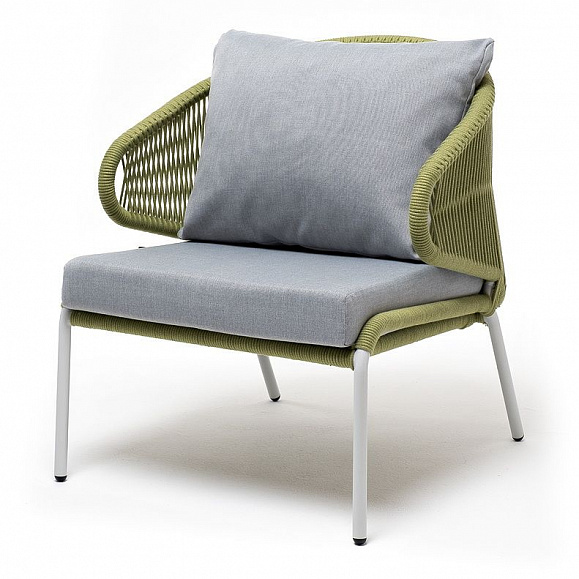Кресло плетеное Милан 4SIS из роупа, каркас алюминий светло-серый (RAL7035) шагрень, роуп салатовый меланж круглый, ткань светло-серая фото 1